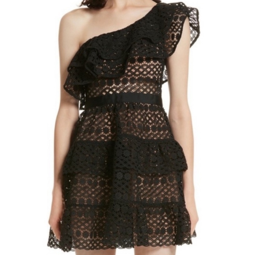 Self-Portrait Black One-Shoulder Lace Mini Dress